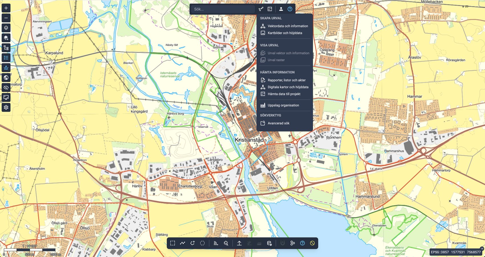 Geobox: kartvy över Kristianstad med urvals- och rapportverktyg